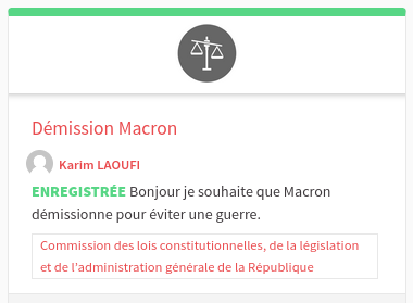 Démission Macron

 Bonjour je souhaite que Macron démissionne pour éviter une guerre.

    Commission des lois constitutionnelles, de la législation et de l’administration générale de la République