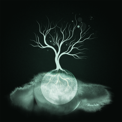 watercolour & ink; a single tree stands on a translucent sphere with faded roots, it is suspended by a fuzzy edged patch of pale water, faded dots of light are sitting behind the tree top