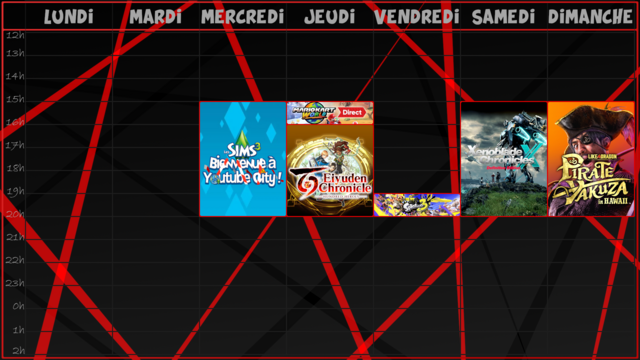 -Mercredi, de 15h jusqu'à 20h, encore et toujours les travaux sur les Sims 3 pour le futur let's play Bienvenue à Youtube City !;
-Jeudi, rendez-vous à 14h55 pour le Mario Kart World Direct ! Toutes les infos sur le jeu avant de reprendre l'aventure de ce bon vieux Eiyuden Chronicles jusqu'à 20h;
-Vendredi, de 19h jusqu'à 20h, petit live Splatoon 3 pour voir les résultats du dernier Splatfest, parce que j'ai pas lancé plus tôt le jeu;
-Samedi, de 15h jusqu'à 20h, notre dose hebdomadaire de Xenoblade Chronicles X Definitive Edition;
-Et Dimanche, de 15h jusqu'à 20h, ce sera au tour de notre dose hebdomadaire de Like a Dragon Pirate Yakuza in Hawaii !