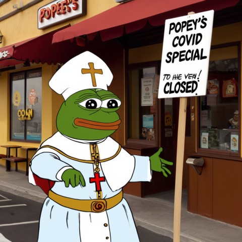 A cartoon of Pepe the Frog dressed as the Pope stands outside a Popeyes-style restaurant called "Popey's." He's holding a protest-style sign that reads: “POPEY’S COVID SPECIAL — TO THE VEN! CLOSED.” The building has red awnings and various posters in the window, suggesting it’s closed due to the pandemic. The scene humorously blends religious imagery with a fast-food parody.