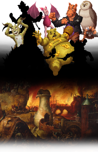 A tall image. At the bottom is a classical artwork of Hell separated by a band of darkness, and above it is a demonic Piglet, very large and upset Winnie the Pooh, and Rabbit with bloodshot eyes and holding his ears. In the upper right corner Owl stars malevolently, perched on a branch with a humanoid's ear in his talons. Between them is Tigger with his fists up, one eye blinded, and a tough leather jacket. There are black silhouettes of other characters.