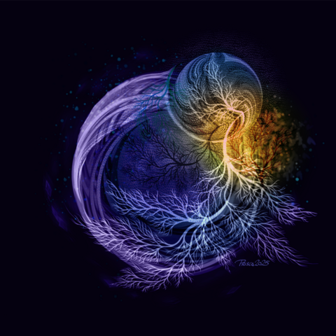 watercolour; dark background with a purple swirl if intertwining lines with bare tree branches growing downward on the right curve, a small sphere os spinning lines with branches inside, a warm yellow glow is on a small spot on the right