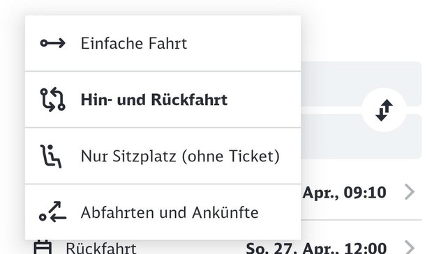 Bildschirmfoto der App "DB Navigator" auf Android. Das Menü ist ausgeklappt, in dem zu Buchungsbeginn zwischen "Einfache Fahrt" und "Hin- und Rückfahrt" gewählt werden muss.