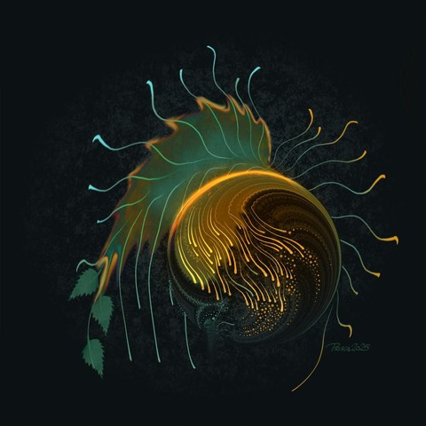 watercolour &amp; ink; dark green background with a stone-like surface; a swirl of lines sits in the lower right, its inside is filled with fiery yellowdroplets flowing downwards, dispersing into small dots, its top edge is glowing bright yellow; small wavy lines burst ourwards; in the background there's a birch leaf which curves around the top bending towards the right, its edges glow in orange, at its tip, three small green birch leaves fall downwards.