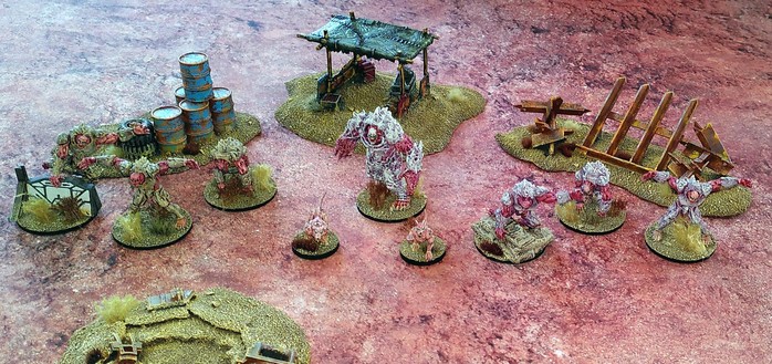 Finished Plague models. Stage 1A Plague Lord with 2 Plague Dogs and 2x 3 Stage 2A Leapers.