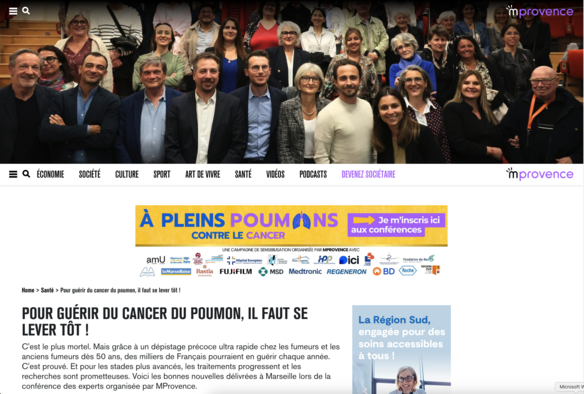 Capture d'écran de l'article MProvence intitulé ‘Pour guérir du cancer du poumon, il faut se lever tôt !’. En haut, photo de groupe des intervenants et participants de la conférence ‘À Pleins Poumons contre le cancer’ organisée à Marseille. Bannière jaune annonçant la campagne de sensibilisation. Logos visibles des partenaires : amU, AP-HM, Hôpital Saint-Joseph, Hôpital Européen, Institut Paoli-Calmettes, Ici Provence, La Ligue contre le cancer, La Marseillaise, Bastia Santé, Fujifilm, MSD, Medtronic, Regeneron, BD, Roche, Région Sud.