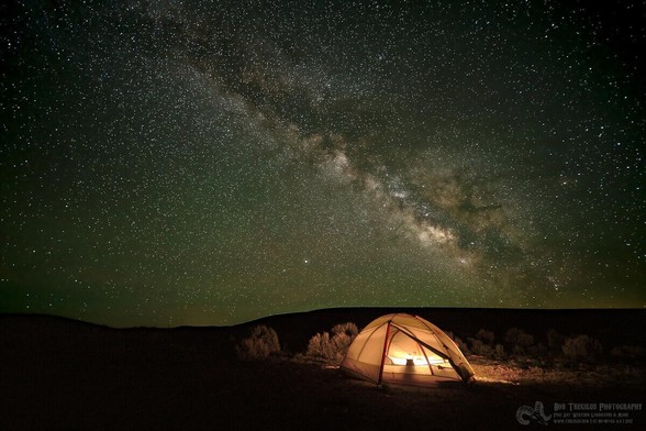 A photo of a brightly lit tent, a cat sitting inside looking out wondering why his human is messing around outside when it is so cold, and the Milky Way above the tent in the background.