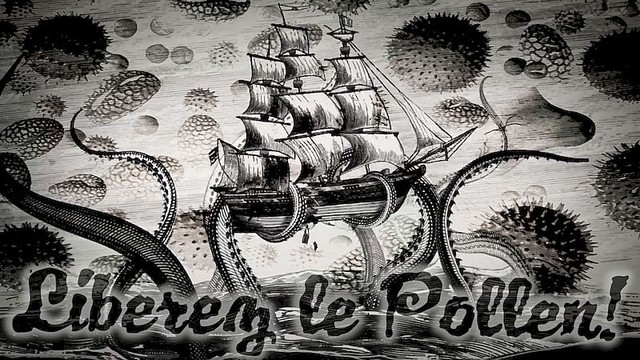Dessin en noir et blanc style gravure ancienne. 
Un navire à voiles prisonnier de tentacules sortant de la mer. Le ciel est rempli de pollen géants. 

Le titre : Libérez le pollen !