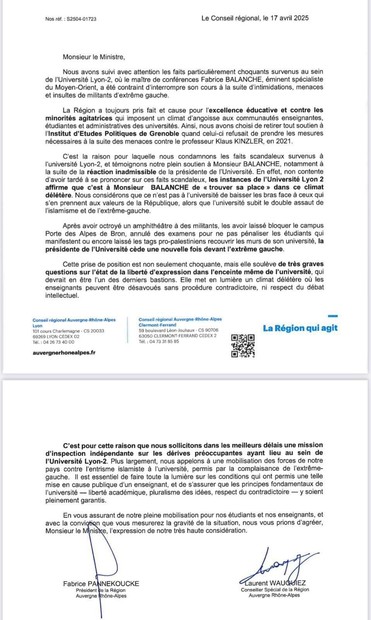 Lettre de Pannekoucke +Wauquiez demandant au ministre une enquête sur Lyon-2