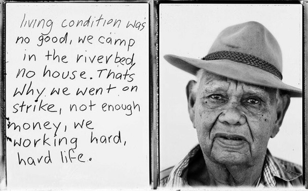 Teddy Allen commenting on the strike in 1909, looking straight ahead, wearing a wide brimmed hat. He says, “living condition was no good. We camp in riverbed, no house. That’s why we went on strike, not enough money, we working hard, hard life.”