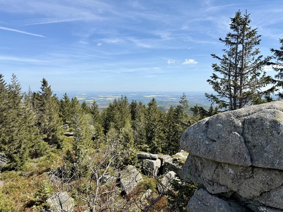 Ein malerischer Bergblick mit üppigen grünen Bäumen und felsigen Vorräumen, mit einem klaren blauen Himmel und entfernten Landschaften, die im Hintergrund sichtbar sind.