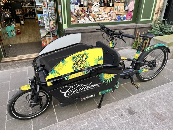 Un vélo cargo noir avec des décorations de plantes un peu partout. Sur les flancs de la caisse, le logo "Louis Couderc, liquoriste" mais surtout la mention, en gros, "Le soin par les plantes".