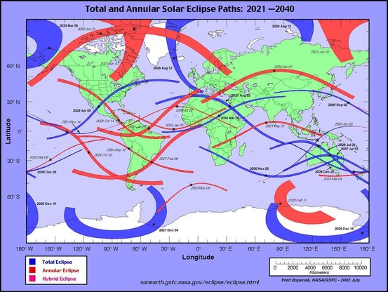 Mapa con los eclipses totales, anulares e híbridos (no se ve ninguno de este último).