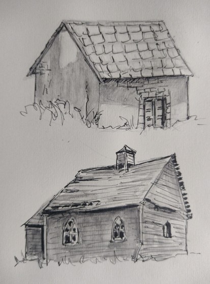 Two black and white sketches of small old houses.