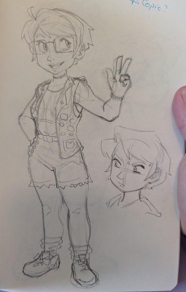 A self-portrait inspired by Ken Sugimori's early Pokemon concept art. A woman with short hair, and large glasses poses confidently with one hand on her hip, and the other making a "peace" sign. She's wearing a tank top tucked into distressed shorts, a vest covered in pins and patches, a 90s choker, and bracelets and rings on her hand showing the peace sign. Another portrait sketch is on the right, of a person with a bob cut looking disgruntled at something off screen. On the top-right corner is a note saying "*Copic?".