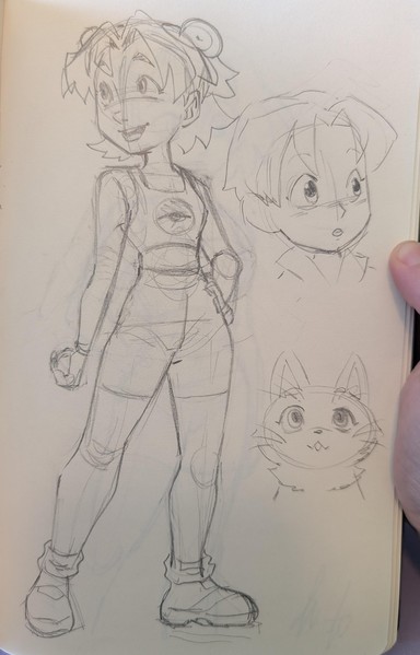 A girl with space buns poses with a pokeball in her left hand, looking at something off-screen to the left. To the right of the girl is a portrait sketch of a young boy looks surprised at something off screen-right. On the bottom-right, a sketch of my cat, looking up with her tongue sticking out a bit.