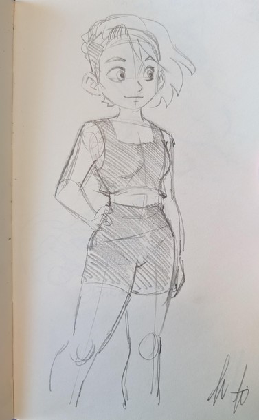 A sketch of a young person in a black crop top and black bike shorts stands with one hand on their hip. Their hair is in a chin-length bob, half shaved on the left side.