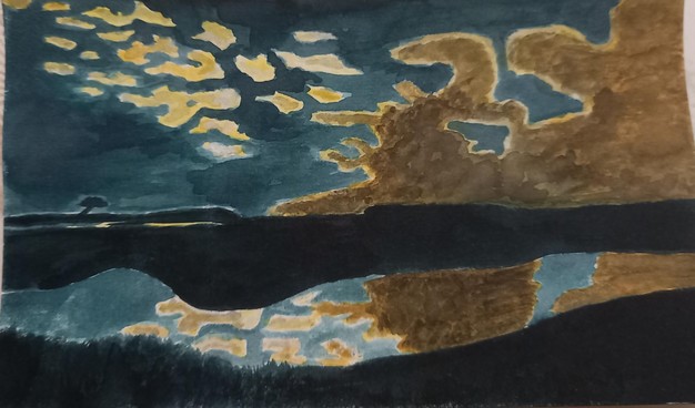 Watercolor painting of a nighttime landscape, a moon peeking through the clouds above a river, the hills black against the sky reflected in the river, running across the plain