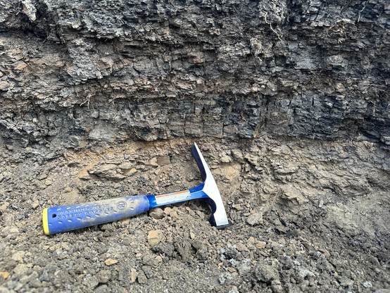 A closeup of the extinction layer with a rock hammer for scale.