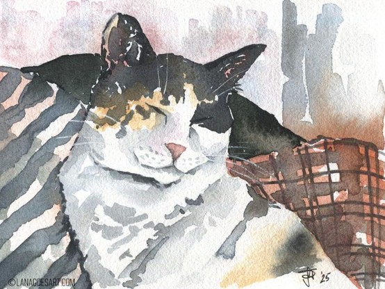 Loose watercolor portrait of a cat with white face and orange and black spots on the top of the head and the back too. Its eyes are closed and the cat leans relaxed onto a bunch of pillows. One has blue stripes, one is orange with a hatching pattern and a dark green just behind the cat. The background in the back is only hinted at.