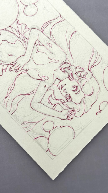 lineart drawing of a mermaid, ink on paper