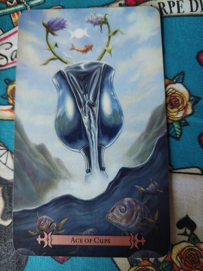 Card from the Modern Spellcaster's Tarot deck. 
Ace of Cups.
A giant chalice overflowing water on to the water below. You can see fish swimming under the water.