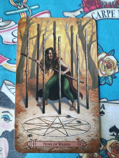 Card from the Modern Spellcaster's Tarot deck.
Nine of Wands.
A woman inside a circle of staves (wands) holding up a staff defensively. There is a star symbol circle on the ground in front of her. The woods are dried out, leaves have fallen.