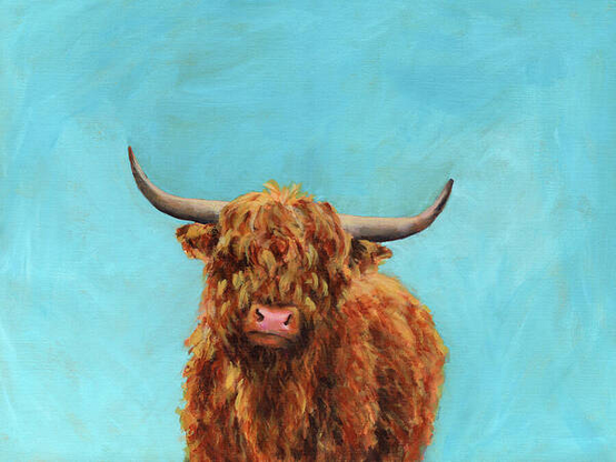 Curly highland cow is a handmade acrylic painting by artist Karen Kaspar.
A shaggy Highland cow with a thick, reddish-brown coat looks directly at the viewer, its long horns extending outward. The background is a solid light blue, contrasting with the textured appearance of the cow's fur.