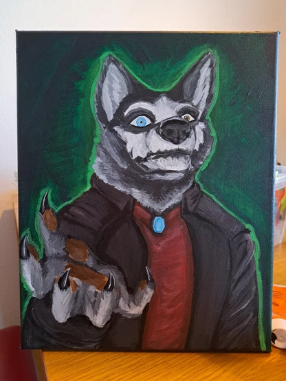 An acrylic painting of a wolf anthro reaching his paw out towards the viewer. His facial markings resemble a skull and his left eye is a piercing pale blue.