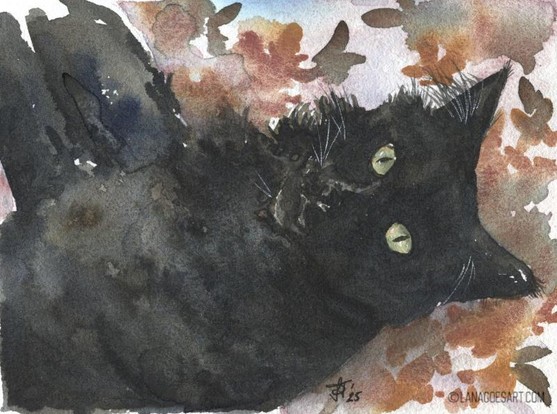Watercolor painting of a black cat on a throw with pinkish-ochre loose flowers. The cat is very fussy and little detail shows, but you can clearly see its green eyes focusing on you.