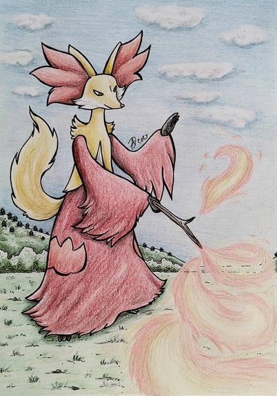 Fennexis ist ein fuchsartiges, auf zwei Beinen stehendes Pokemon. Es wirkt wie ein Magier, trägt einen Ast wie einen Zauberstab und wirkt darüber seine Feuerangriffe. 
Es ist rot-gelb und besitzt große Ohren auf dem Kopf.
Faber Castell Stifte, DIN A5
