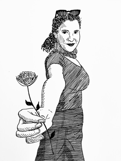 Drawing of a beautiful woman holding a flower in her hand with a ridiculous amount of foreshortening.