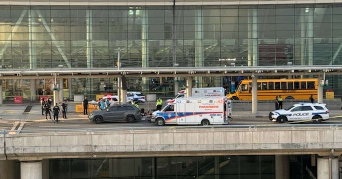 Police arrive at the scene of the Pearson shooting in this image provided to CP24.