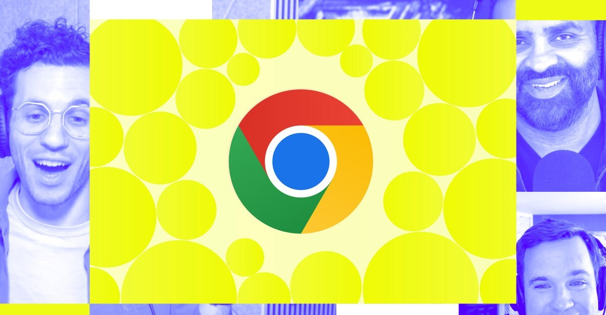 A Chrome logo on top of a Vergecast illustration.