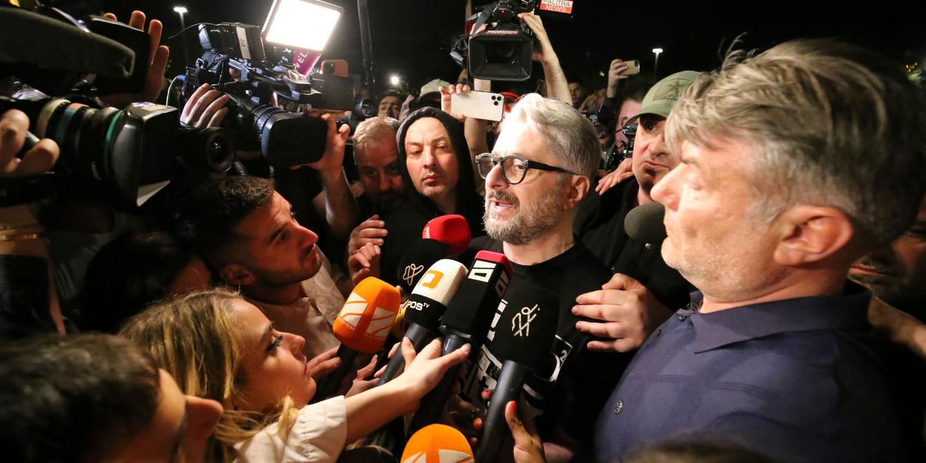 Nika Gvaramia, Georgian politician and founder of the Ahali party and Mtavari TV, addresses journalists during a rally in front of the Parliament in Tbilisi, Georgia, on 17 April 2024. | ZURAB TSERTSVADZE / AP