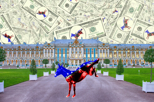 A long driveway leading to a palace; at the top of the drive is a kicking donkey, with overlaid coloring that suggests the Democratic Party mascot. The sky over the palace has been filled with hundred-dollar bills of various sizes, with the same Democratic Party kicking donkey in place of Benjamin Franklin.