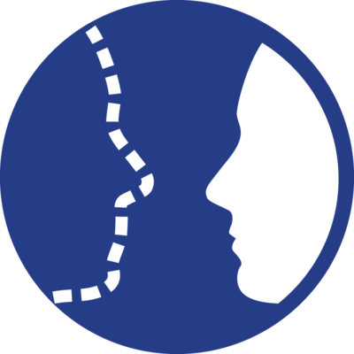The fake experts icon: a pair of faces in profile, facing one another, one is represented by a dotted line.