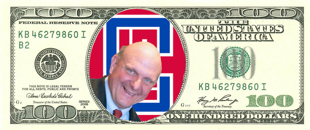 A US $100 bill, with Steve Ballmer's grinning head superimposed over the LA Clippers logo in place of Benjamin Franklin.


Image:
Eric Garcetti (modified)
https://commons.wikimedia.org/wiki/File:Steve_Ballmer_2014.jpg

CC BY:
https://creativecommons.org/licenses/by/2.0/deed.en
