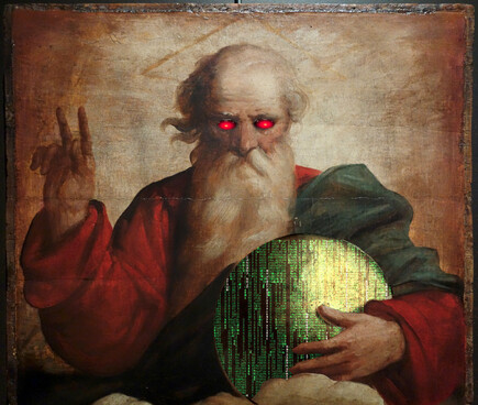A remix of Benediction of God the Father by Luca Cambiaso, c. 1565, which depicts a bearded god holding the Earth under one arm. In the remix, God's eyes have been replaced by the glaring red eyes of HAL9000 from 2001: A Space Odyssey. The Earth has been overlaid with a Matrix movie-style 'code waterfall.'

Image:
Cryteria (modified)
https://commons.wikimedia.org/wiki/File:HAL9000.svg

CC BY 3.0:
https://creativecommons.org/licenses/by/3.0/deed.en
