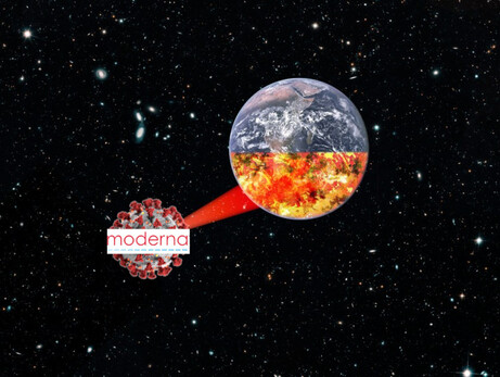 The Earth, floating in space, with its southern hemisphere in flames; it is being irradiated by a beam-weapon fired by a Death Star-style coronavirus molecule, bearing the Moderna logo.