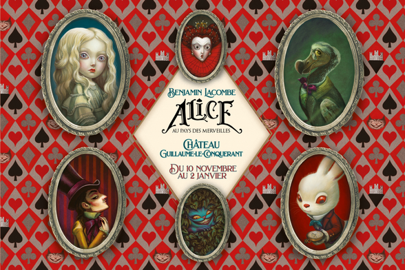 Visuel de l'exposition Alice au pays des merveilles organisée au Château Guillaume le Conquérant à Falaise du 10 novembre 2022 au 2 janvier 2023.