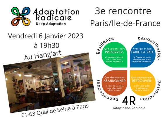 Résilience 
Réconciliation 
Restauration
Renoncement 

3e rencontre Adaptation radicale Ile de France - Vendredi 6 Janvier 2023 19h30 / Au Hang'art 61-63 Quai de Seine à Paris