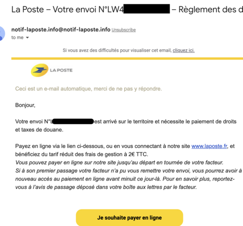 Mail suspect venant de "la poste" pour des frais de douane