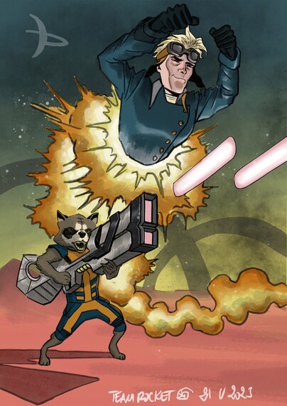 The team rocket: Rocket from New Mutants and Rocket Racoon from the GOTG