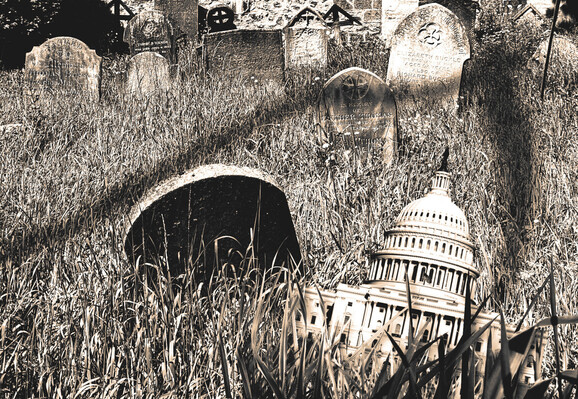 An overgrown graveyard. One of the tombstones is actually the US Capitol. The shadow of a scythe looms over the scene.