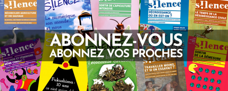 Collage de 10 couvertures  de S!lence, sur tous les thèmes : écologie, vie sauvage, décroissance, numérique, nucléaire...