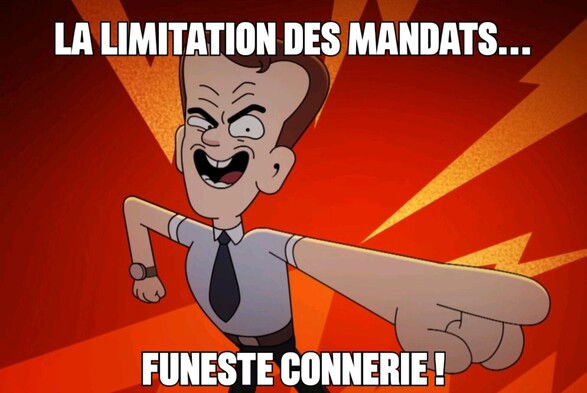 Capture d'un épisode de « Oscar et Malika » où le méchant, ressemblant énormément à un récent président français, pointe du doigt, l'air agressif, sur fond rouge avec des éclairs oranges. Le texte dit « la limitation des mandats… funeste connerie ! ».