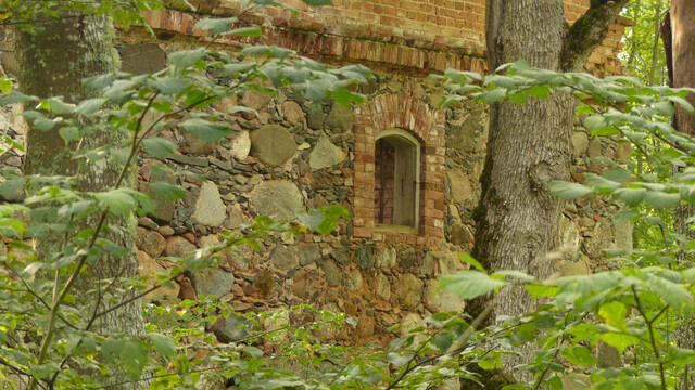 Derrière la végétation, l'encadrement en briques d'une ancienne petite fenêtre dans un mur fait de pierres de granit arrondies de tailles et couleurs variées.