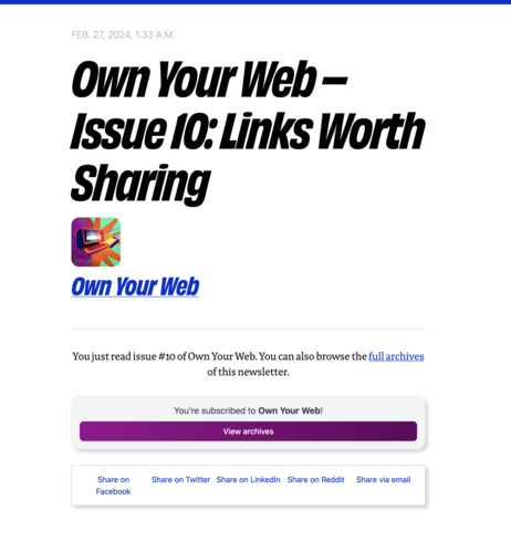 Screenshot of the newsletter archive for one post