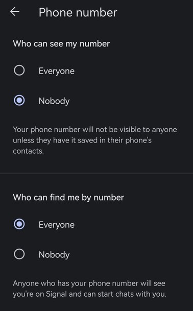 Privacy settings de Signal permettant de choisir qui peut voir le numéro de téléphone et si on peut être identifié lorsque le correspondant à déjà le numéro.